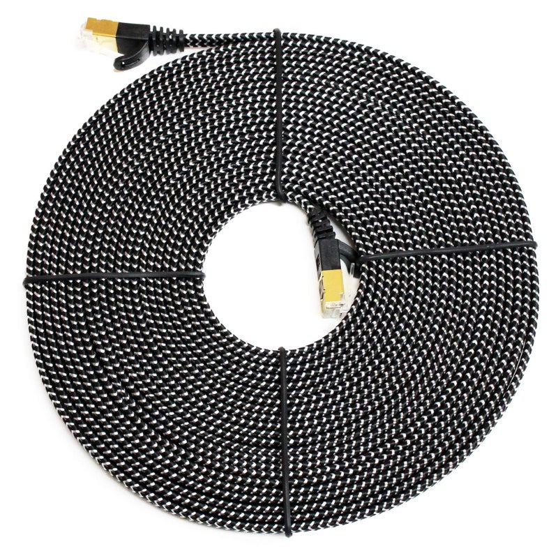 Tera Grand - 25FT - CAT7 10 Gigabit Ethernet Ultra Flat Patch Cable for Modem Router LAN Network - Braided Jacket, Gold Plated Shielded RJ45 Connectors, Faster Than CAT6a CAT6 CAT5e, Black & White - Image 3